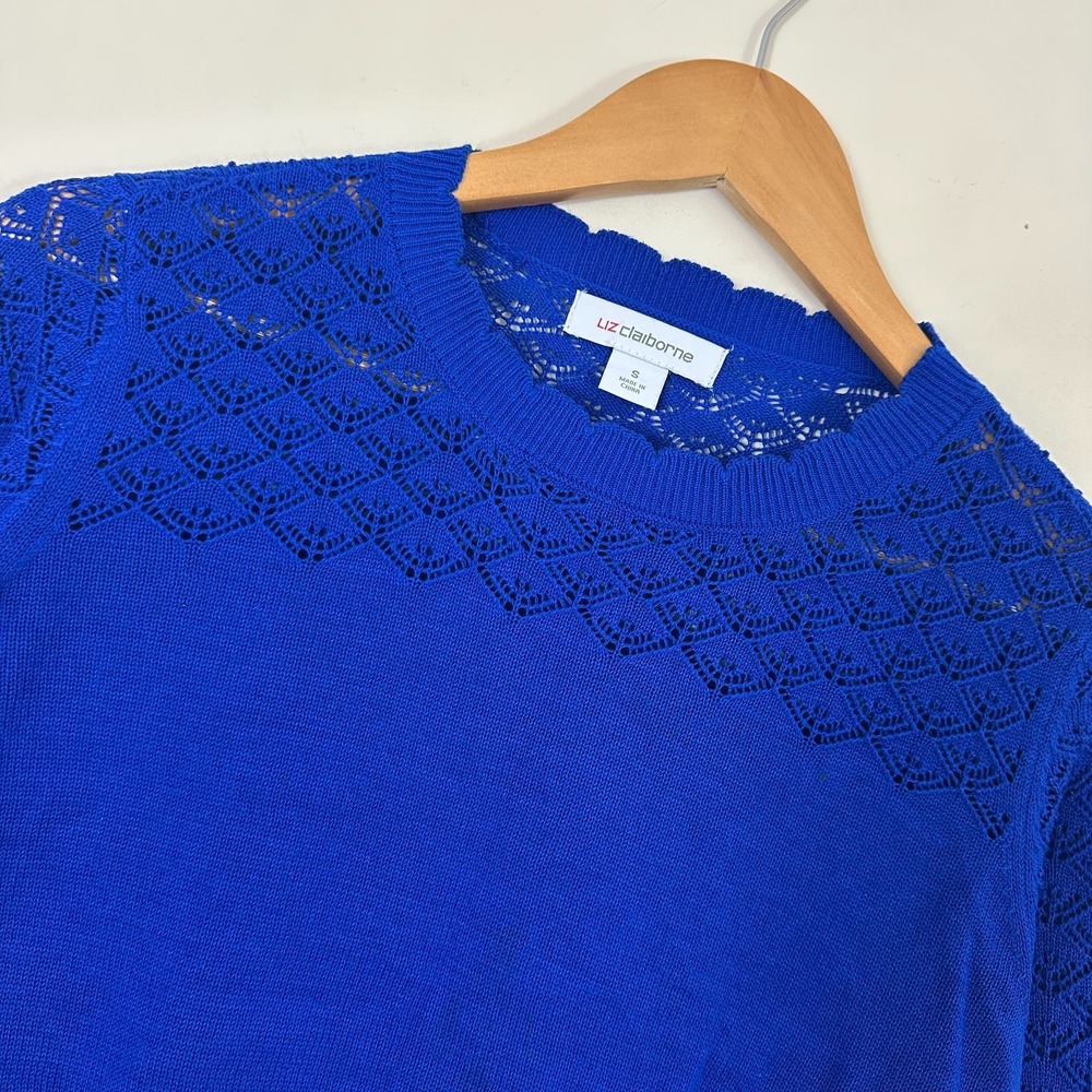 Liz Claiborne Sweater Royal Blue Open Stitch Knit Scalloped Neck Womens Small